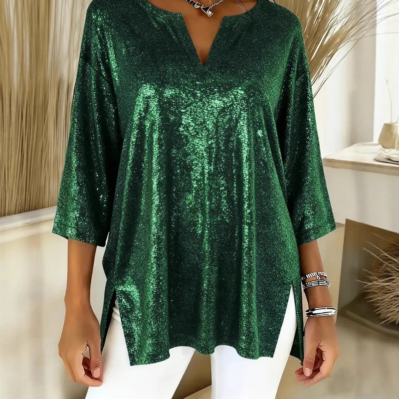 

Women's Sexy V-neck Loose Club Party Blouse Women Elegant Half Sleeve Christmas Blouse 2025 Fashion Shiny Sequins Pullover Tops