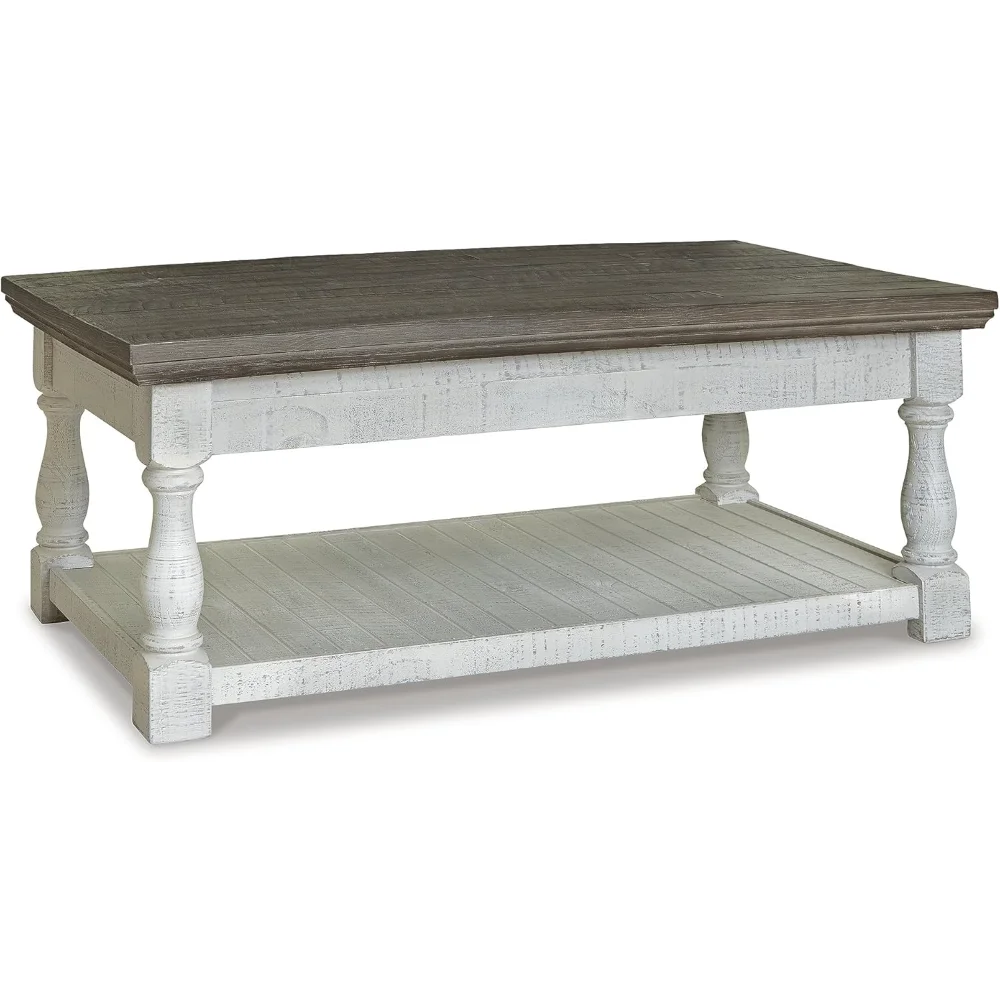 

Gray & White Weathered Farmhouse Lift Top Coffee Table - Center Table with Fixed Shelf & 2 Hidden Storage Trays for Living Room