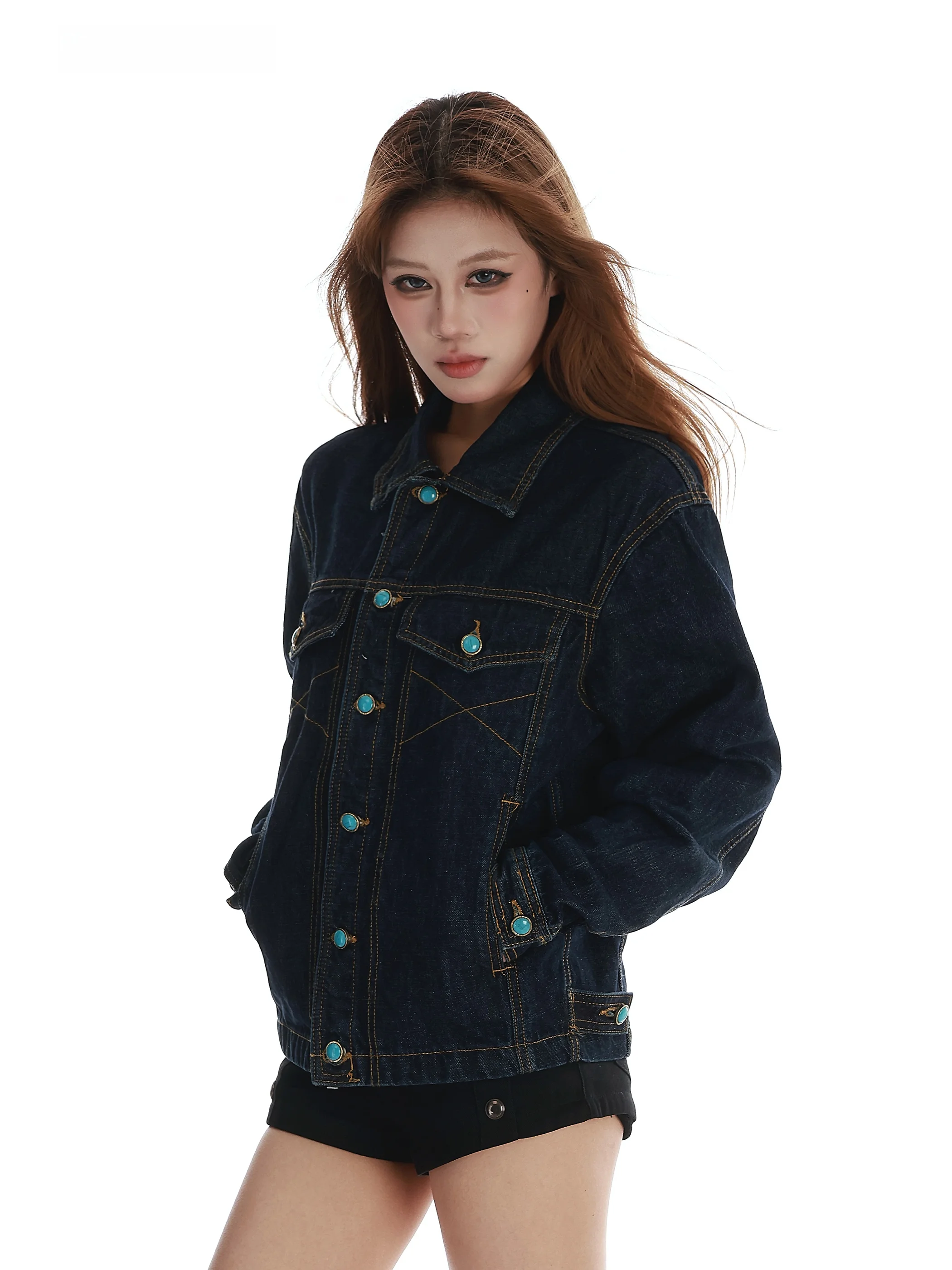 

Американская ретро-джинсовая куртка с коротким рукавом для мужчин, повседневная одежда, бирюзовый цвет, премиум-класс, бренд VINMUK