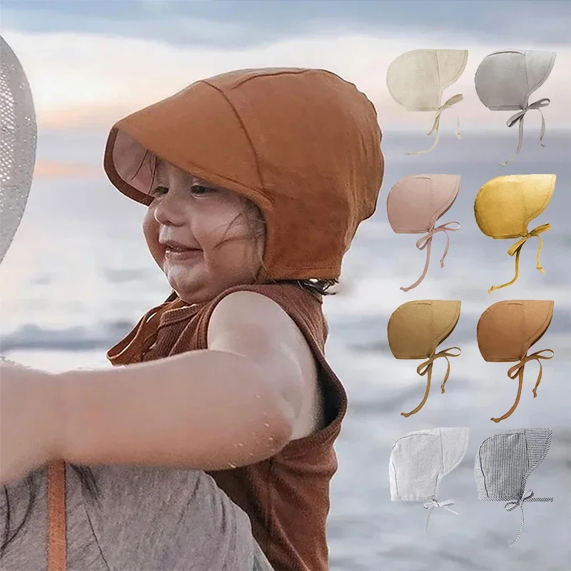 

Summer Baby Bonnet Hat Solid Color Simple Newborn Sun Cap Outdoor Sunshade Windproof Infant Beanies