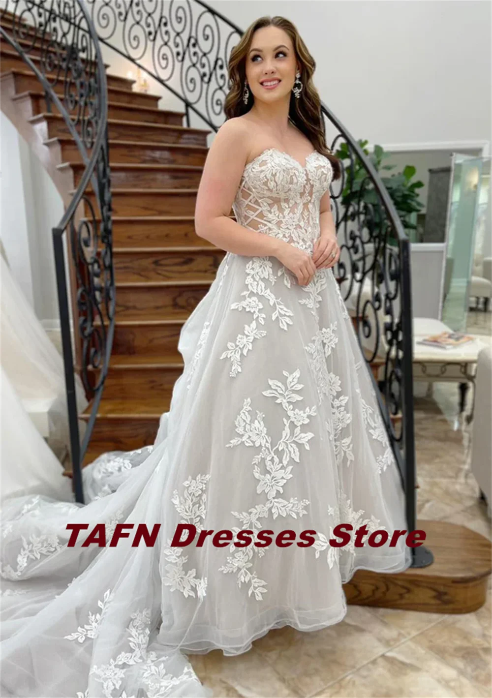 TAJoyGorgeous-Robe de mariée en dentelle, sans bretelles, ligne A, train de balayage, robe pour patients, col en cœur, robes éducatives