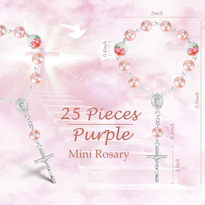 FBIL-Baptism Favors For Girls Include 25 Pcs Pink Baptism Rosary Baby Rosary Mini Rosary 25 Pcs Organza Bags Baptism Gifts