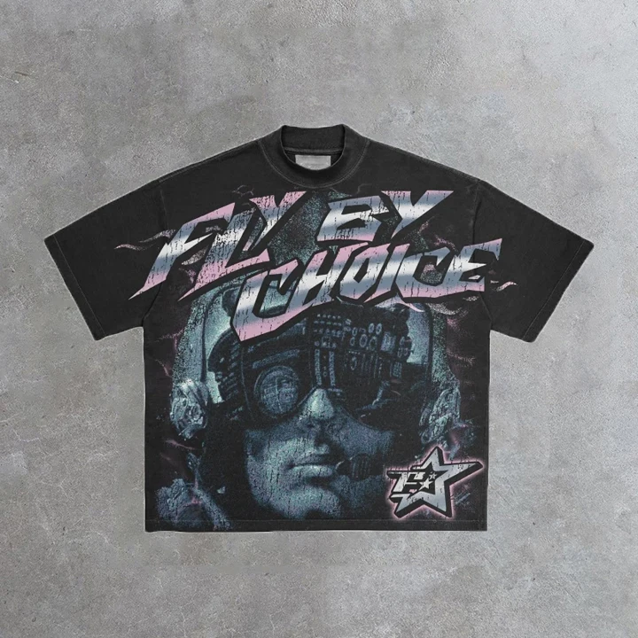 Camiseta informal de algodón con estampado gráfico Fly By Choice Vintage para hombre Y2K, camiseta de manga corta de gran tamaño, ropa de calle para mujer, camisetas