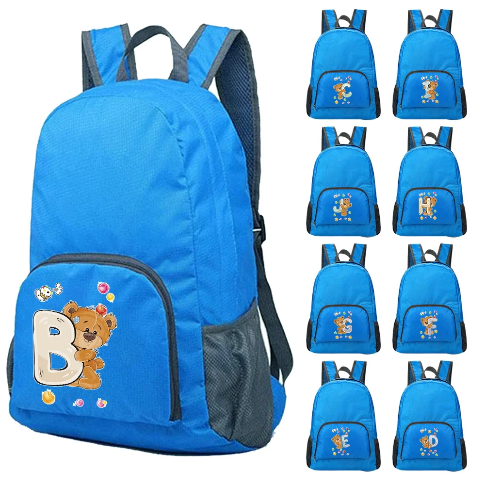 Bear Letter Printed Backpack Lightweight Portable Foldable Blue Folding Bag Ultralight Outdoor Pack for Women Men Travel Hiking