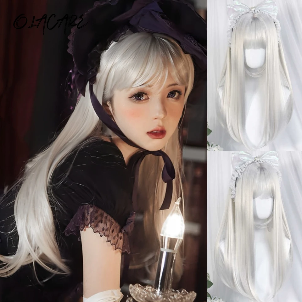 

OLACARE Silver Grey White Long Straight Synthetic Wigs for Women Cosplay Party Fake Hair with Bangs White Wig HighTemperature