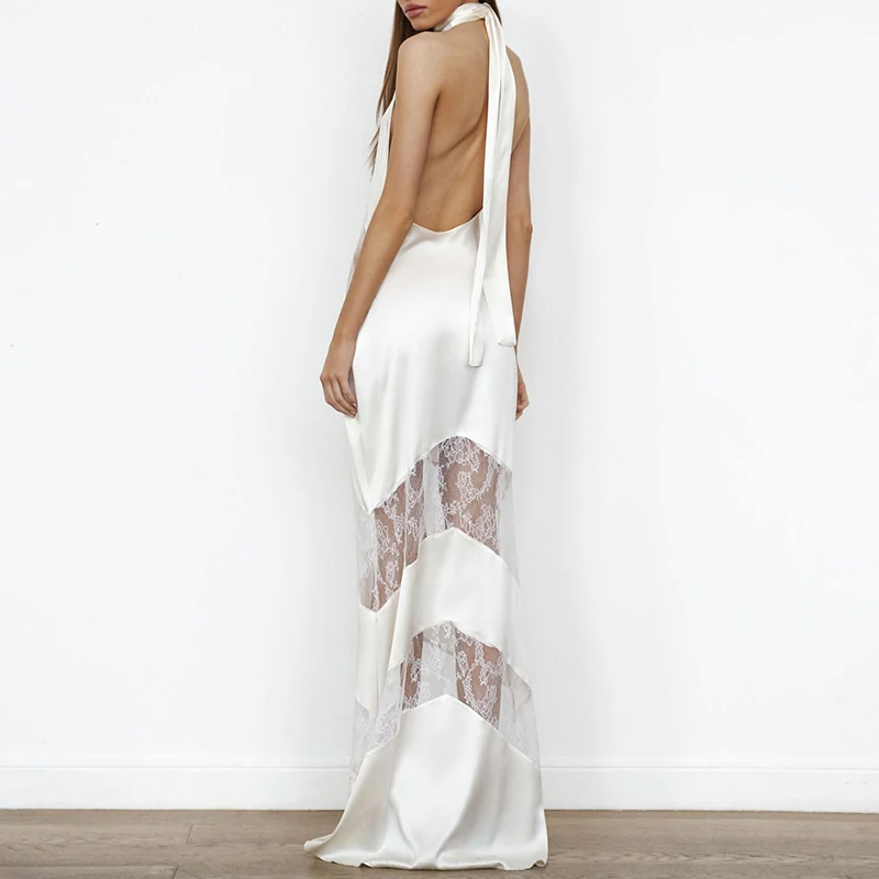 

Sexy Deep V-neck Sleeveless Dress Elegant Hang Backless Formal Evening Dress Temperament Satin Lace Patchwork Off Shoulder Dress
