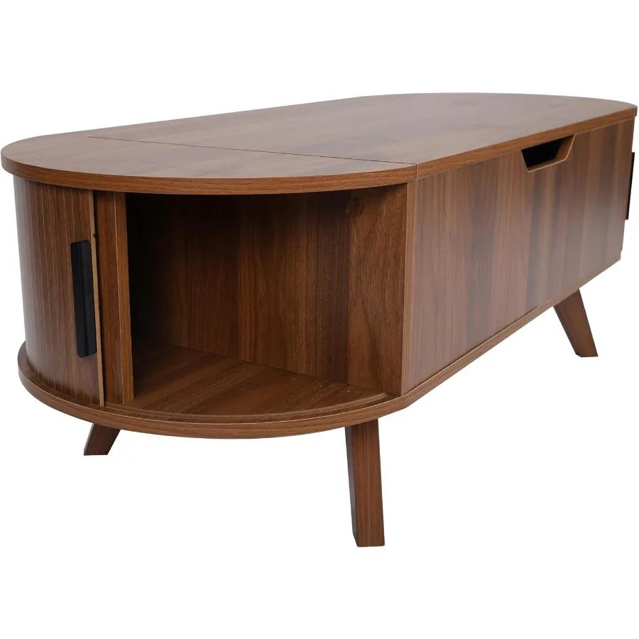 Mesa de centro pequeña con tapa elevable y puerta de pandereta corredera, mesa de centro curvada moderna de mediados de siglo 47,3 con mesa central ovalada de almacenamiento
