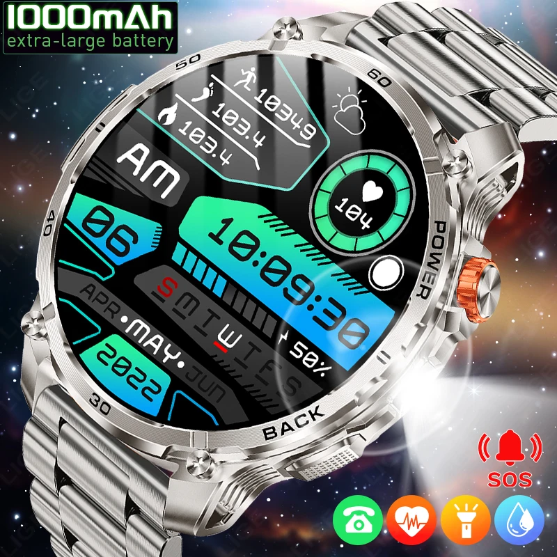 Outdoor Sports Smart Watch 2026 New Military Grade 1000mAh Battery IP68 Waterproof LED Flashlight Bluetooth Call Smartwatch Men
