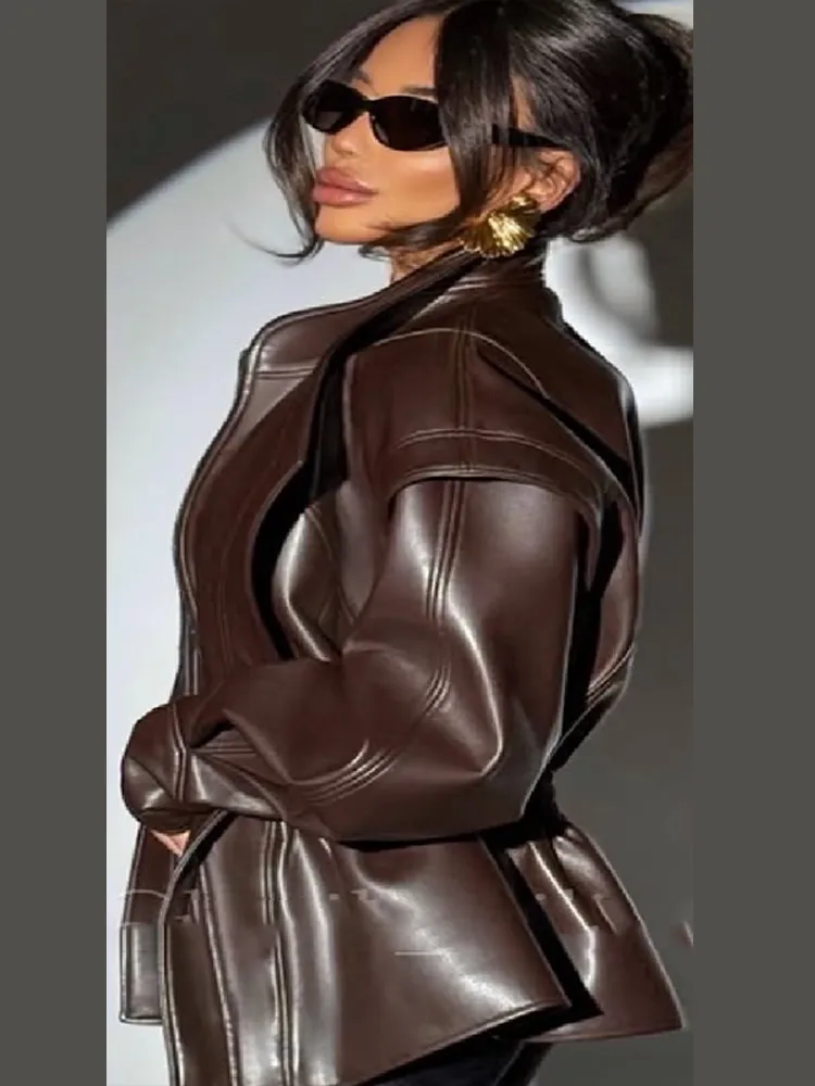 Giacca in pelle attillata vintage con spalla larga e vita da donna, tinta unita, unica, con cerniera, cappotto allentato, capispalla quotidiano Highstreet