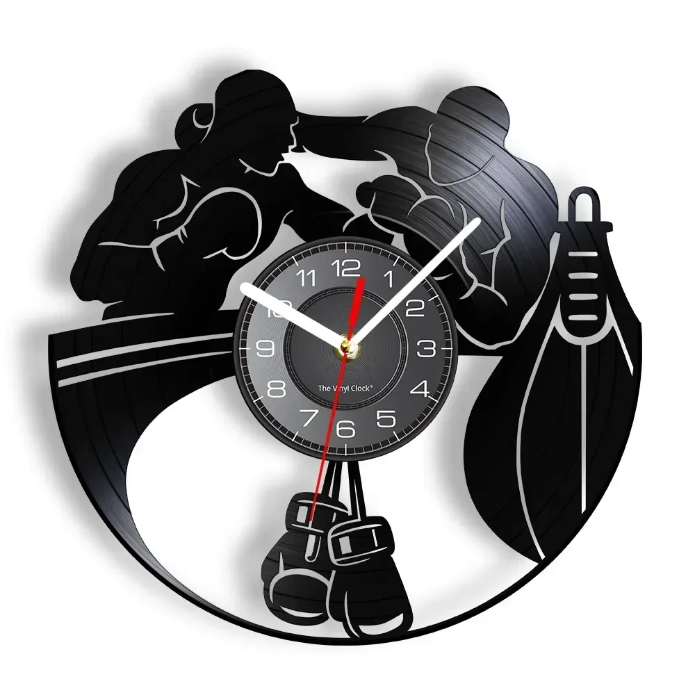 Boxing Home Decor Wall Clock Boxing Gloves Punching Bag Infighters Vinyl Record Wall Clock Fighting Sports Boxers Scrappers Gift