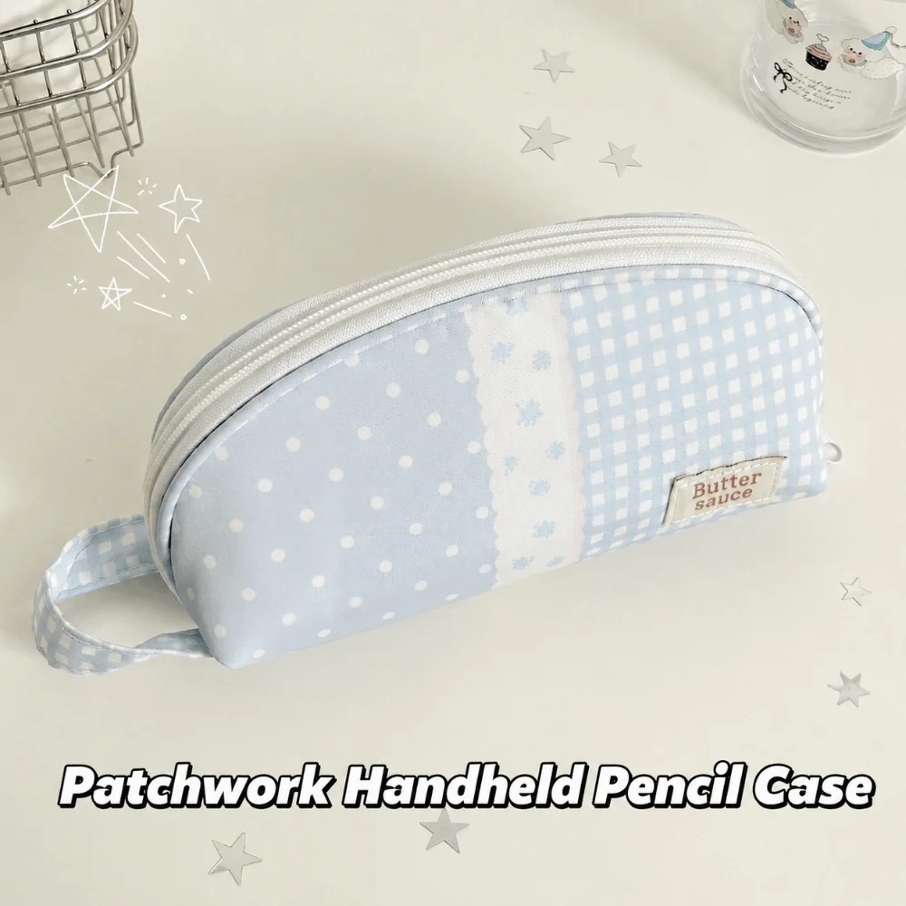 Kawaii Plaid Polka Dot Print Pencil Case Shell Shape with Handle Pen Bag Large Capacity Stationery Bag School Supplies