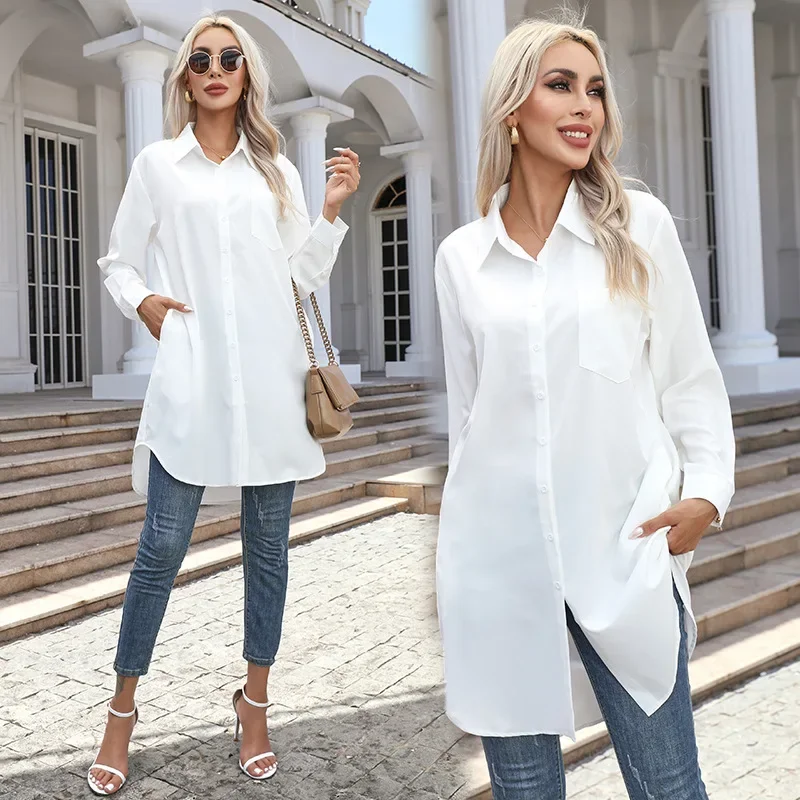 Long Shirt Women 2023 Vintage Pocket Shirts &Blouses Oversized Long Sleeve Blouse Fashion Women\'s Clothing Button Up Womens Tops