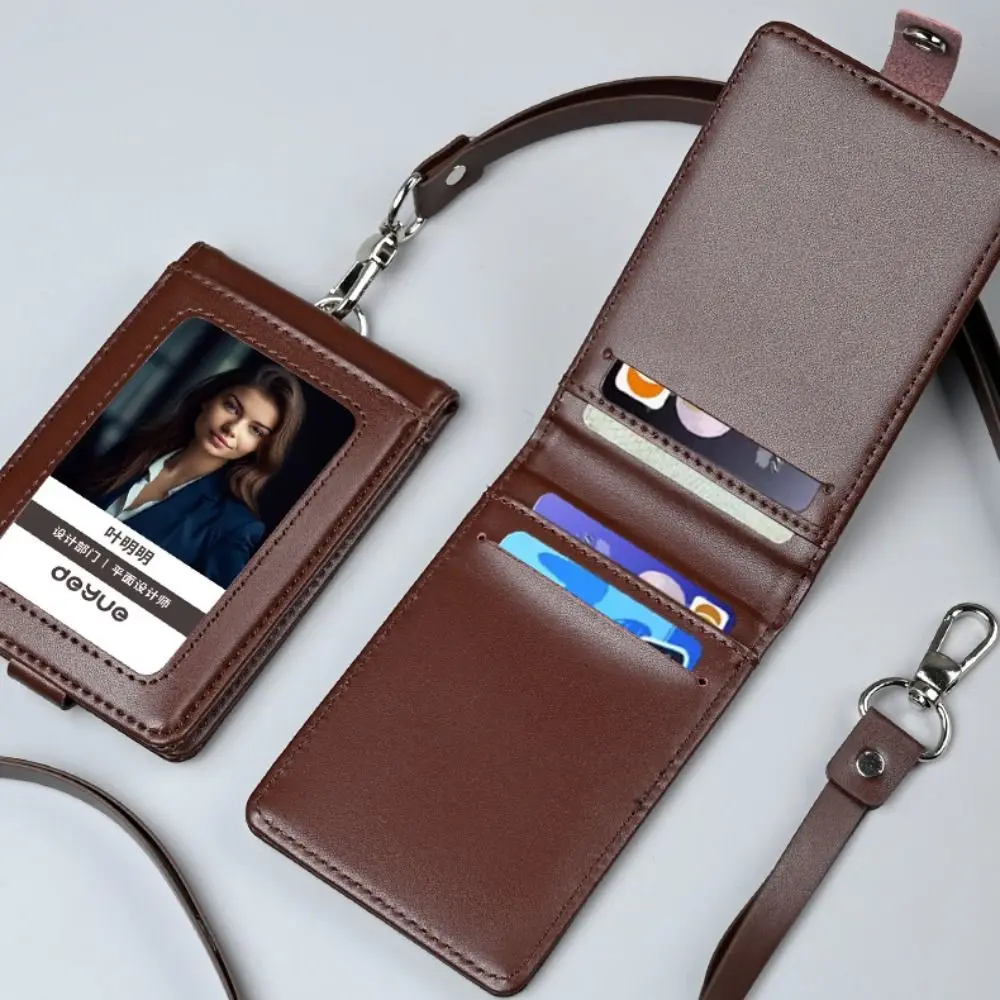 

Leather ID Tag Badge Holder Buckle Protective Employee Pass Work Card Case with Lanyard Photocard Flip Chest Card Bag Student