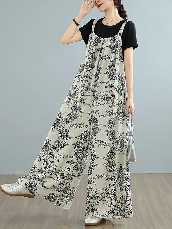 سروال نسائي فضفاض عتيق واسع الساق كاجوال صيفي مطبوع للتخسيس عالي القطع سروال كاجوال للنساء