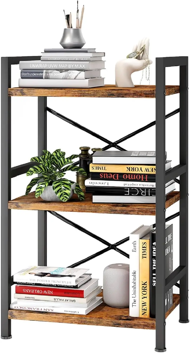 Bookshelf, 3 Tier Industrial Bookcase, Metal Small Bookcase, Rustic Etagere Book Shelf Storage