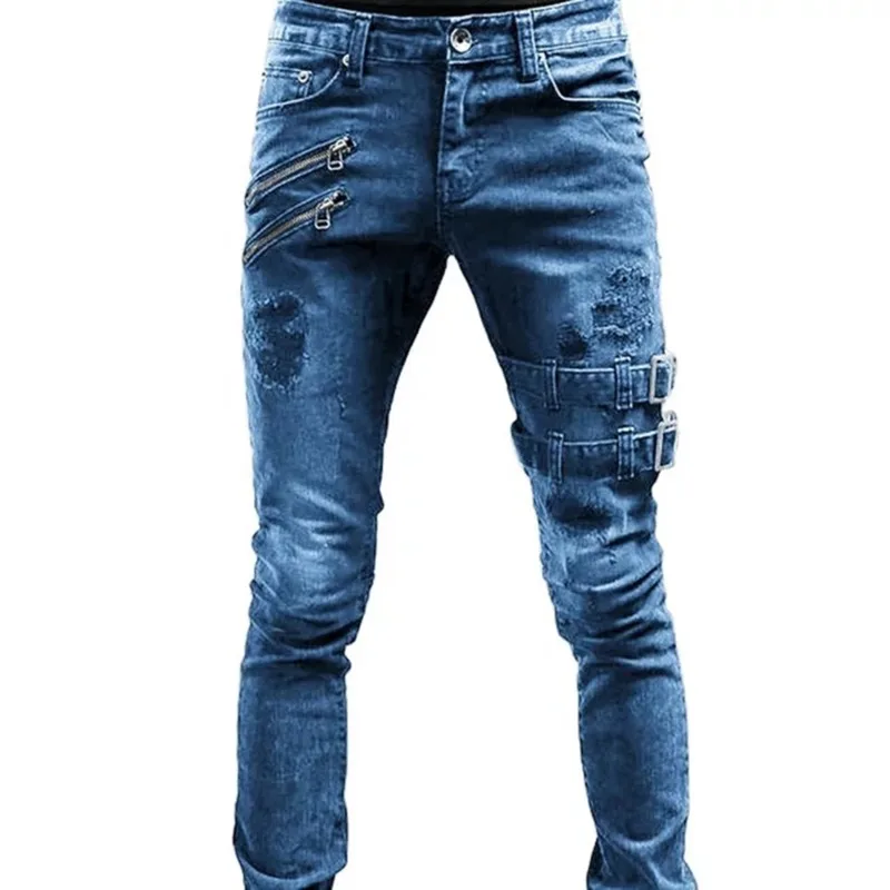 Jeans longo de motocicleta masculino, design de personalidade, perna pequena apertada, calça masculina, nova para primavera e outono