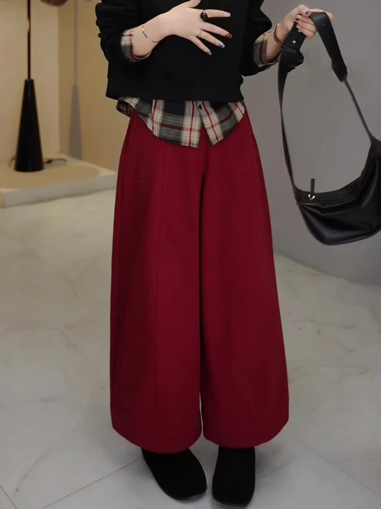 Thiened Fce Calças femininas de pernas largas retrô vermelhas quentes soltas para viagem Sle cintura alta corte reto Faion coreano