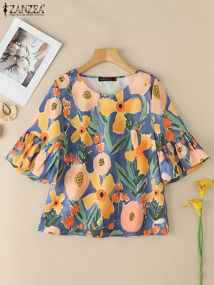

ZANZEA Woman Day Wear Vacation Blusas Mujer 3/4 Flared Sleeve Floral Print Casual Loose Blouses 2025 Summer O-Neck Fashion Tops