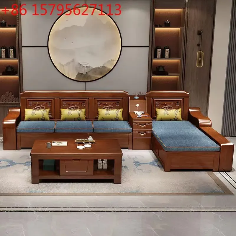 Solid wood sofa modern Chinese living room full solid wood summer and winter small apartment storage sofa combination wooden