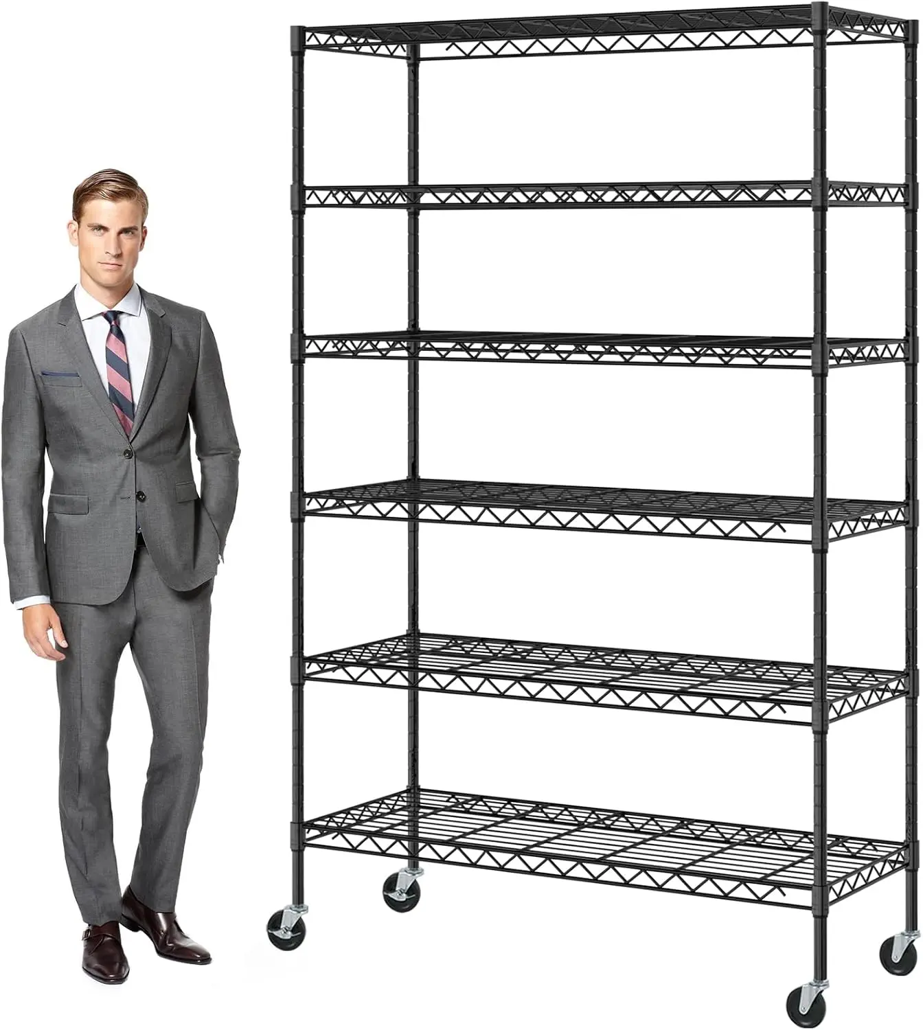 Wheels 6 Tier 2100lbs 48in L×18in W×82in H Storage Shelves Height Adjustable NSF Heavy Duty Steel Shelf Movable for Kitchen