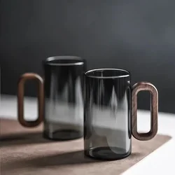 Household High Borosilicate Glass Water Cup Living Room Cigarette Ash Colored Wooden Handle Cup Walnut Empty Vertical Tea Cup