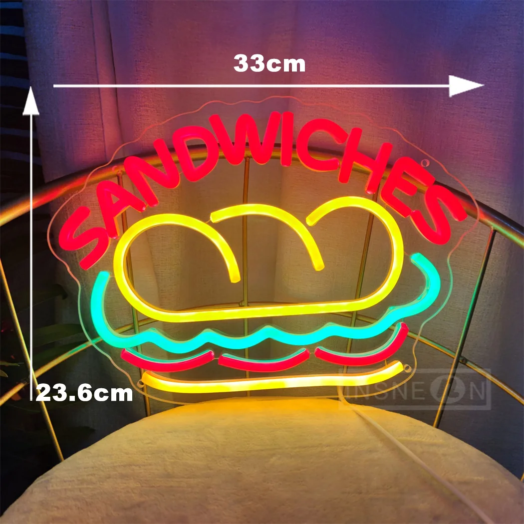 LED Neon Sign Sandwich Adjustable Brightness Food Signs Art USB Powered For Home Kitchen Restaurant Fast Food Party Wall Decor