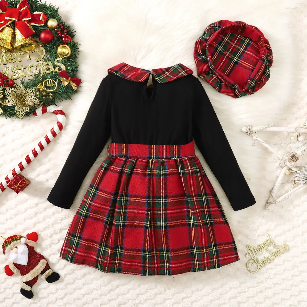 Autumn And Winter 4-7 Years Old Cool Girl Dress Long Sleeve  Checkered Patchwork Top  Princess Dress   With  Hat