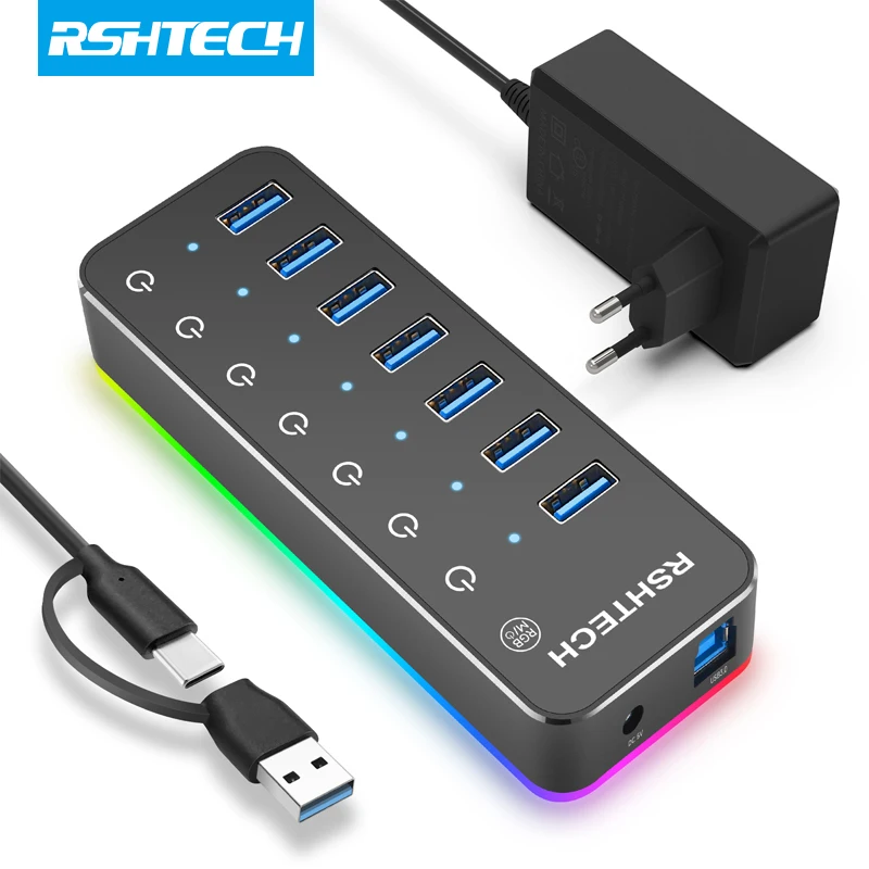 RSHTECH 5Gbps USB Hub with 14 RGB Lighting Modes 20W Power Adapter Individual Switches USB 3.0 Data Hub Splitter for Mac & PC