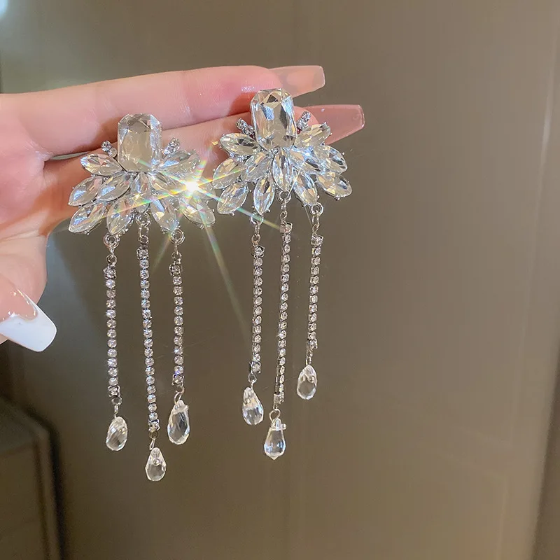 High-end crystal diamond-set flower tassel, earrings, fashionable super flash light luxury temperament niche earrings women