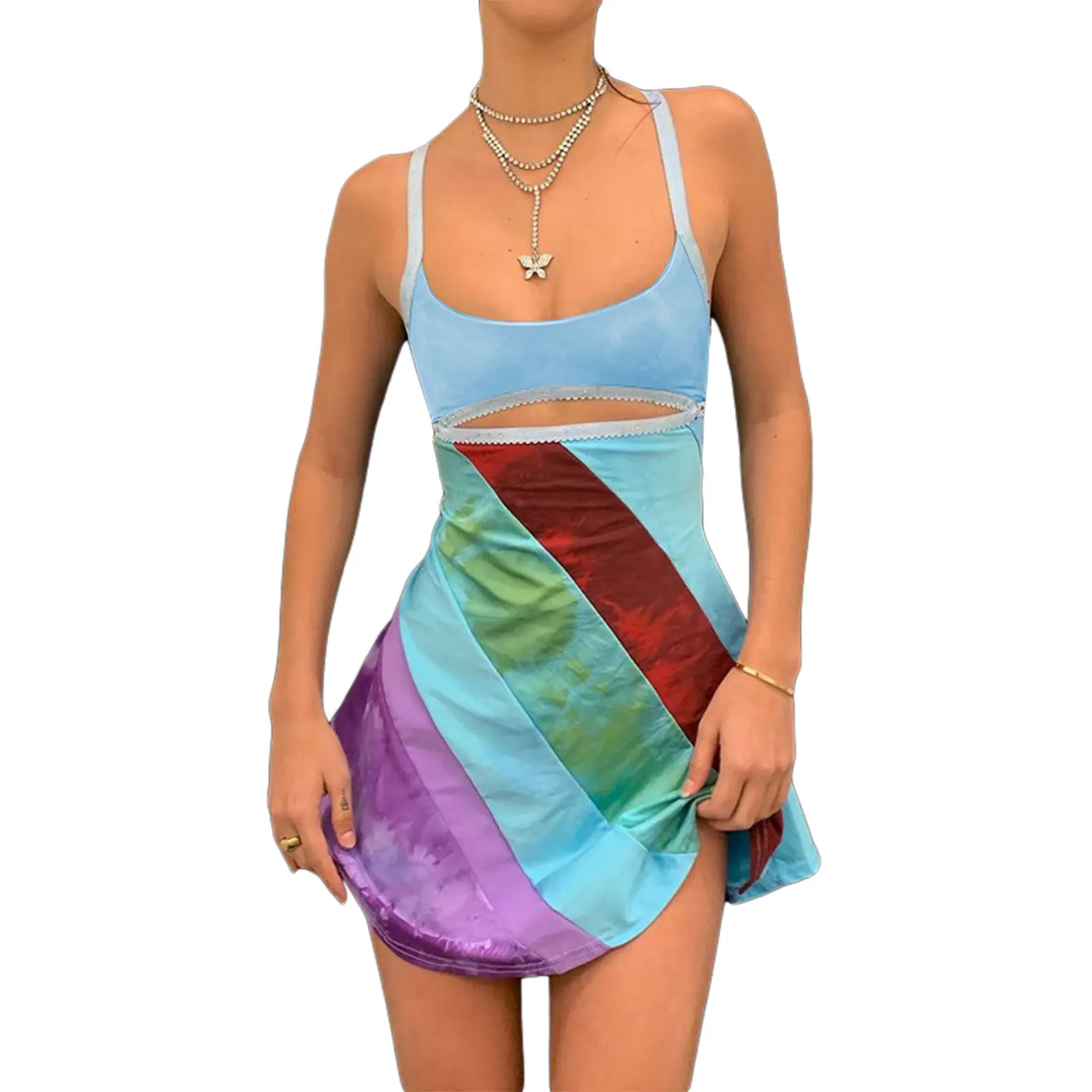 New Womens Casual Suspender A-Line Dress Fashion Contrast Color U-Neck Hollow Short Dress Streetwear Hot Sale S M L