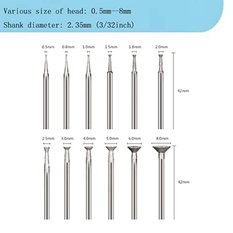 Bowl Shape Diamond Grinding Burr Set Kit Fits For Rotary Tool Includes For Dremel With 2.35Mm Shank (Pack Of 12)