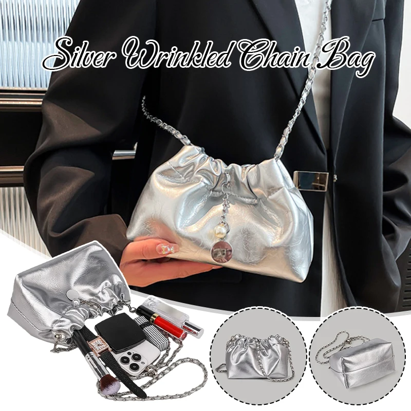 

New Women's Silver Folded Chain Crossbody Bag Waterproof Polyester Shoulder Bag Casual Minimalist Small Messenger Bag