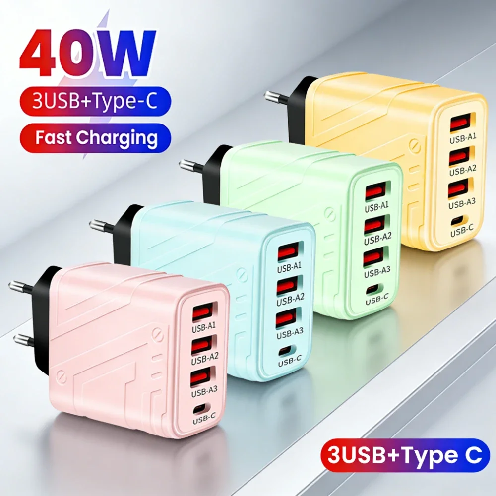 40W 4 Ports USB Charger Fast Charging Phone Charger Power Adapter For iPhone Samsung Xiaomi Huawei EU/US Plug Quick Wall Charger