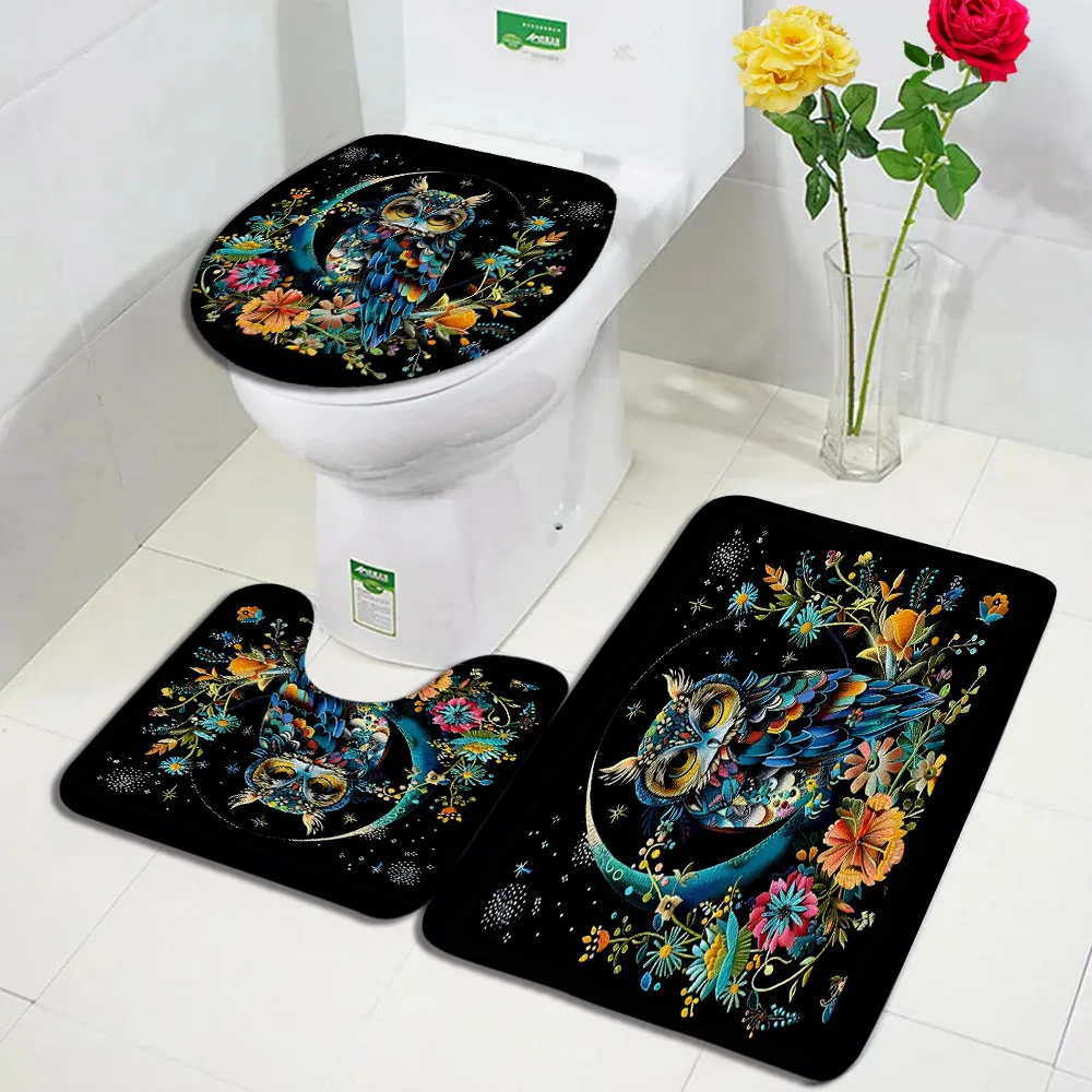 Funny Owl Bath Mat Set Vintage Plant Moon Floral Black Home Doormat Carpet Kids Bathroom Decorative Floor Rugs Toilet Lid Cover