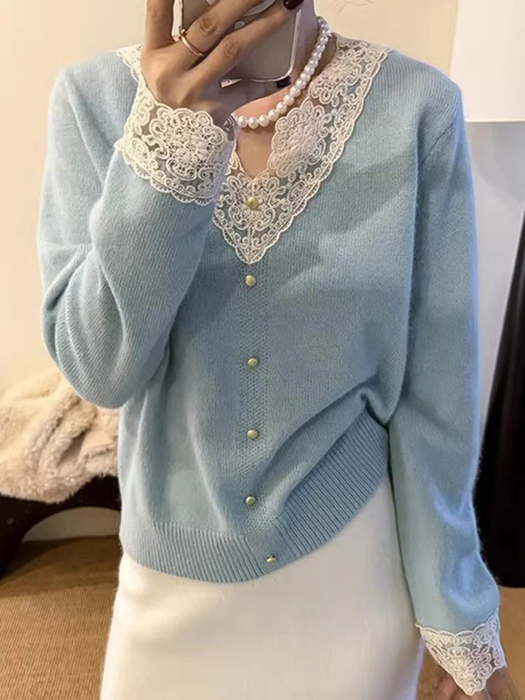 

VONDA модные женские вязаные пуловеры, свитера с длинными рукавами, кружевные лоскутные джемперы, осень 2025 г., элегантный офисный трикотаж с v-образным вырезом