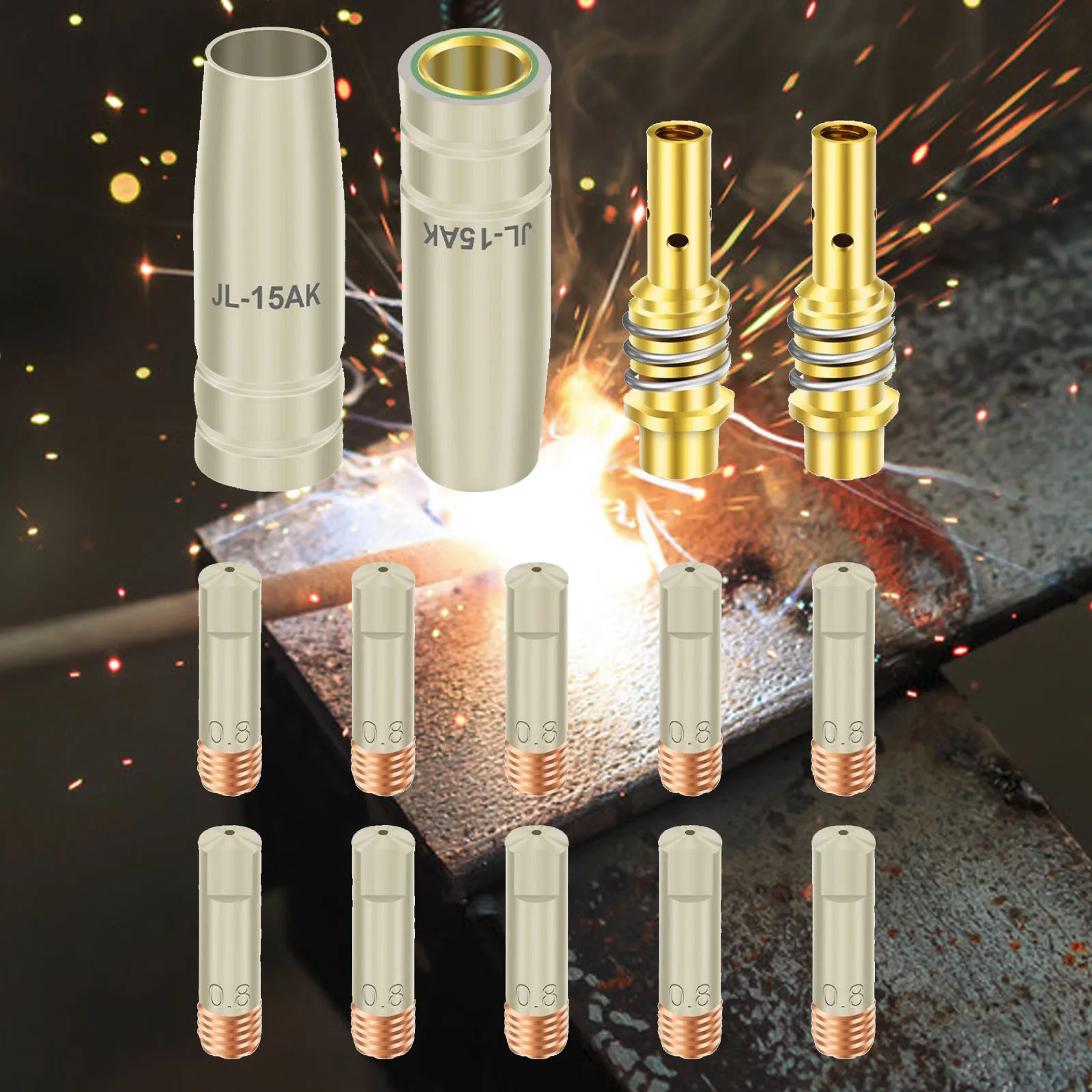 14Pcs 15AK MIG Welding Torch Consumables Kit 10 Contact Tips 0.8mm M6 + 2 Shield Cups + 2 Tip Holders for MB15AK