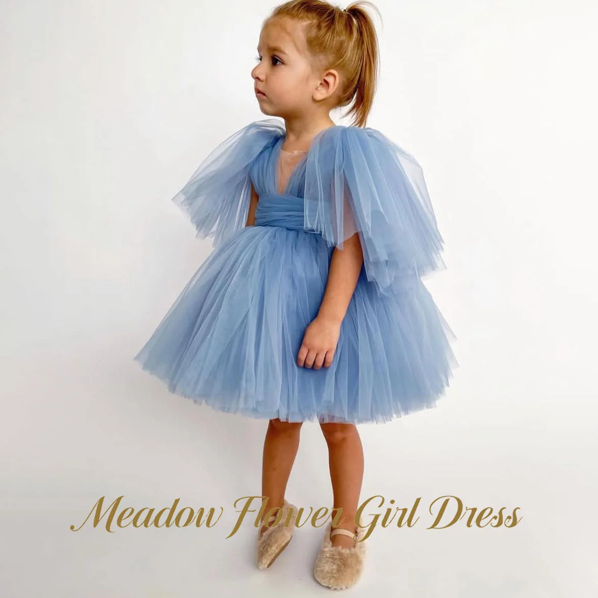 

Meadow Dusty Blue Princess Girls Dress V-Neck Playful First Communion Gown A-Line Knee Leng Children Birthday Wedding Dresses