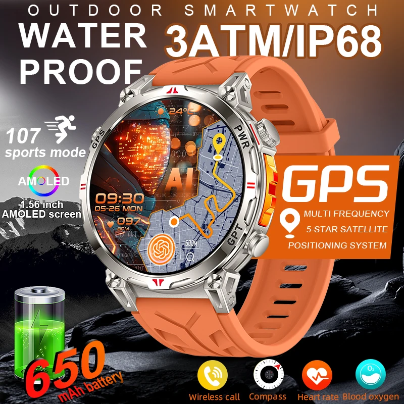 LIGE Smart Watch GPS Professional Sports Men AMOLED Full-Touch Screen 650mAh Battery 3ATM Waterproof Heart Rate Call Smartwatch