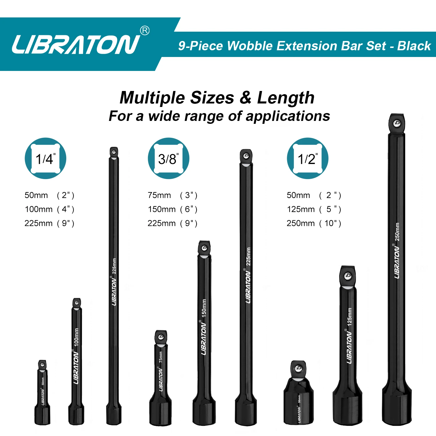 Libraton 9Pcs Wobble Socket Extensions Set, Ratchet Extensions 1/4