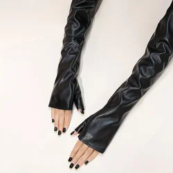 Women's black PU leather gloves, long waterproof, non finger elastic gloves, party party decoration, arm gloves