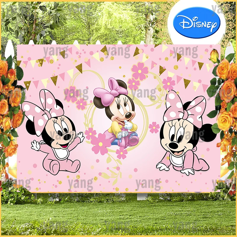 Cartoon Custom Disney Lovely Pink Baby Mickey Minnie Mouse Golden Lace Streamer Birthday Party Backdrop Photography Background