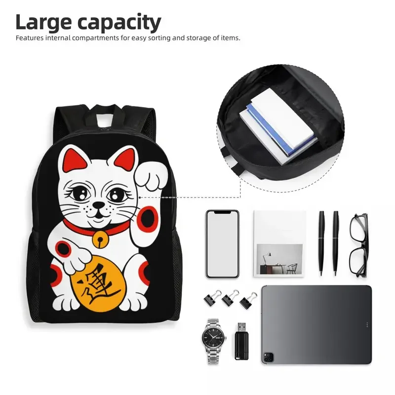 Japonés Maneki Neko Waving Lucky Cat mochila para hombres y mujeres, resistente al agua, escuela, universidad, bolsa de libros estampada