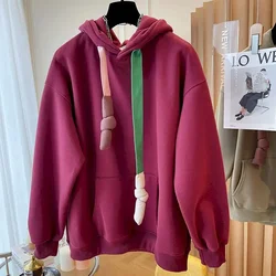 Chic Hoodies Women Autumn Winter Trendy Thicken Hooded Coats Fashion Design Colorful Twisted Tie Plush Hoodie Loose Casual Tops