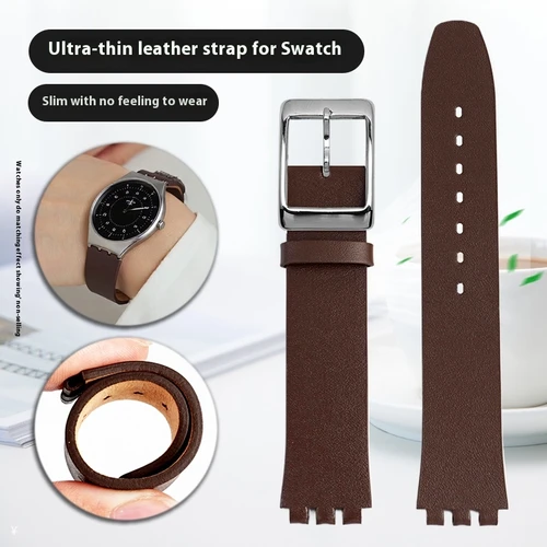 Imagen 2 del producto Piel de vaca ultrafina de 16mm y 17mm para Swatch, accesorios de correa de reloj de cuero fino clásico, banda suave fina especial de tres horquillas de 16mm y 17mm