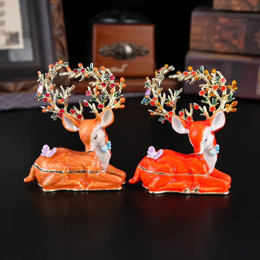 Creative enamel floral deer head jewellery box, small home ornament, decorative box, little deer accessory storage box