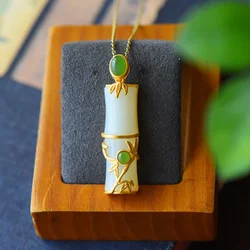 Natural Hetian Jade Bamboo Pendant Necklace 925 Silver Fashion Jewelry Chalcedony Amulet Gifts for Women