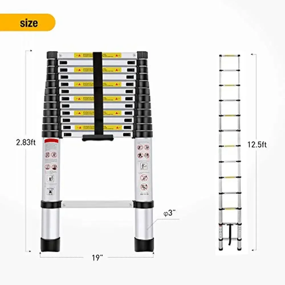 Telescopic Ladder 12.5ft Aluminum Multi Purpose Extendable Spring Lock EN131