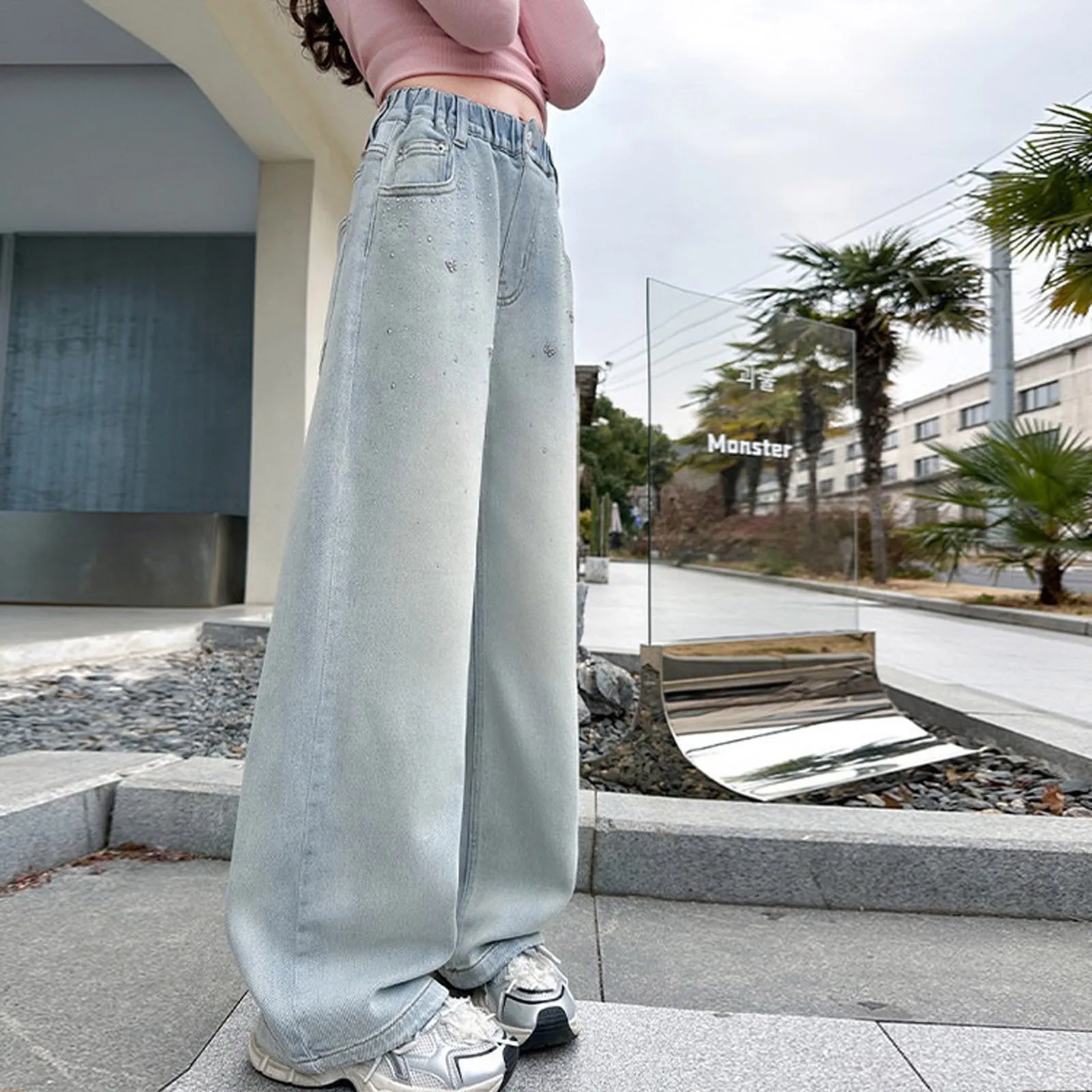 

Child High Waist Korean Retro Wide Leg Jeans Girls Streetwear Straight Leg Pants Girls Light Blue Stacked Denim Trousers 4 12Y