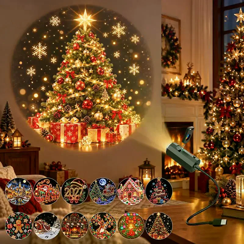 LED USB Projector Light 12Pcs Projection Patterns- Adjustable Santa Claus Snowman Tree Night Light for Christmas Decorations