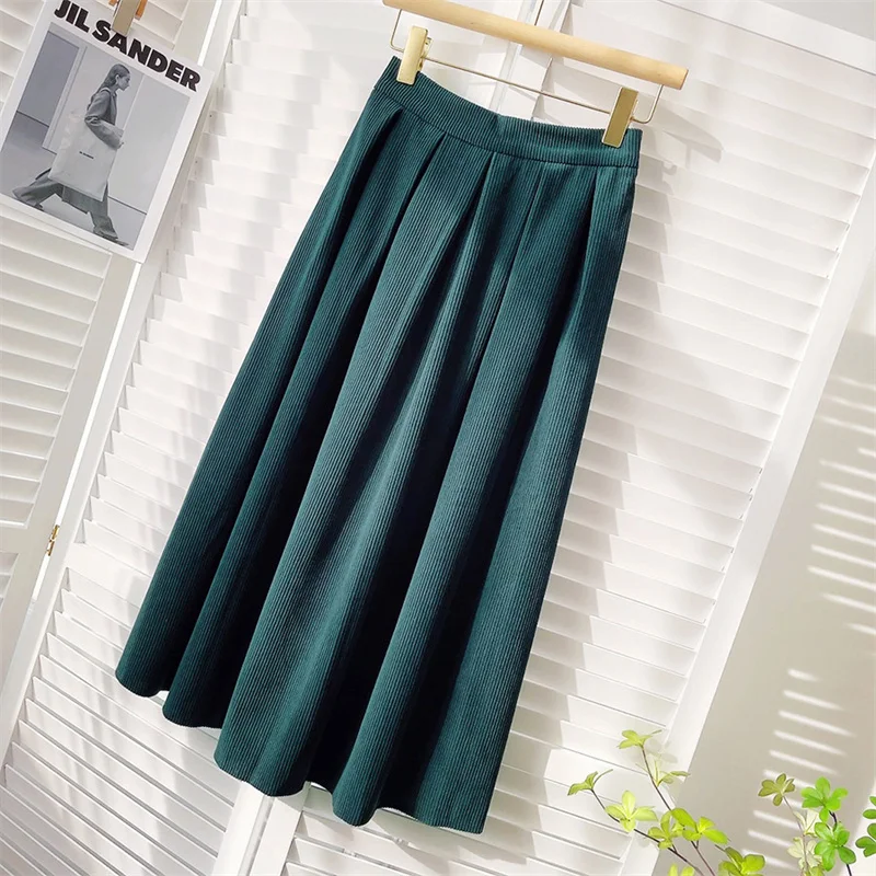 2022 Spring Autumn Elegant Velvet Pleated Skirt Women Elastic High Waist Vintage Skirt Female Midi Long All-match Skirt